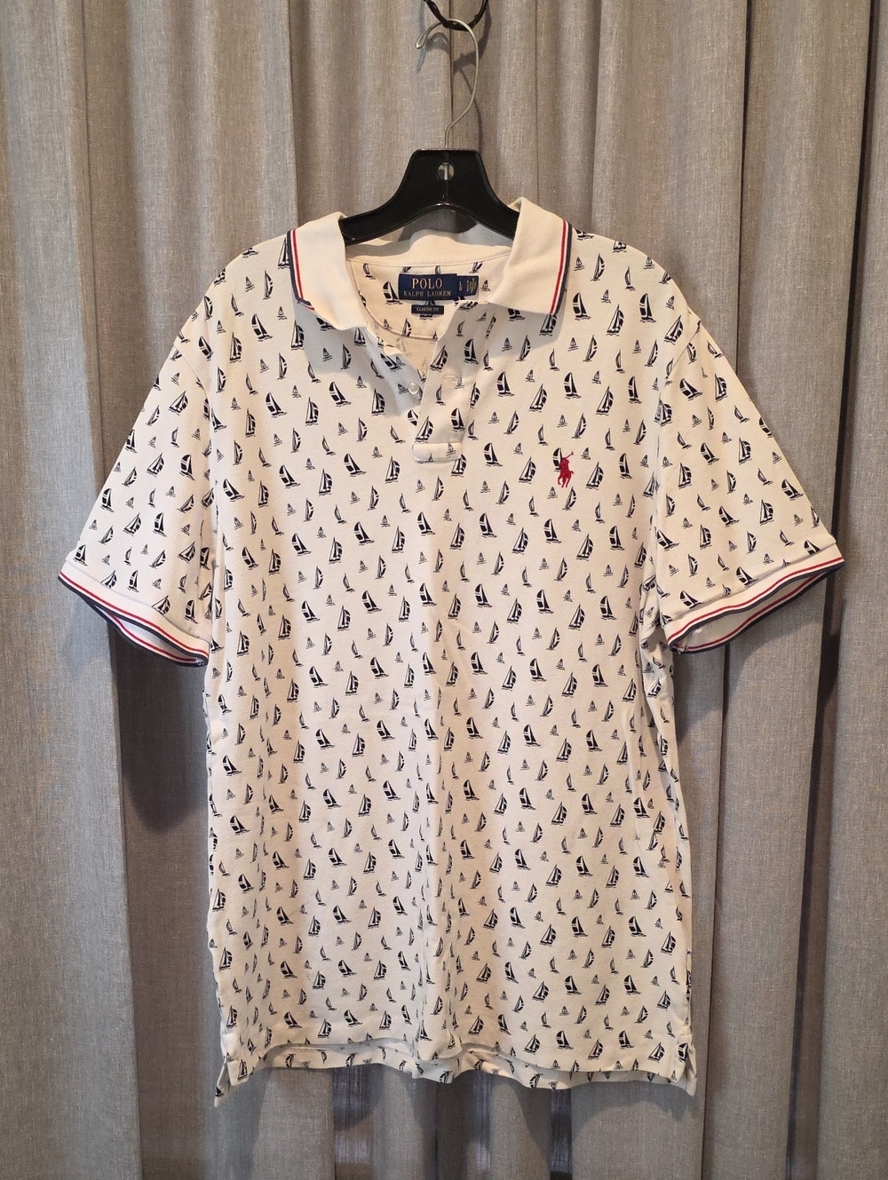 Polo by Ralph Lauren Classic Fit White Polo Shirt Navy Sailboat Print Red Logo